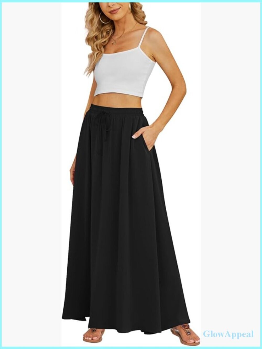 Flowy Maxi Skirt Pleated High Waisted Casual Long Skirt with Pockets